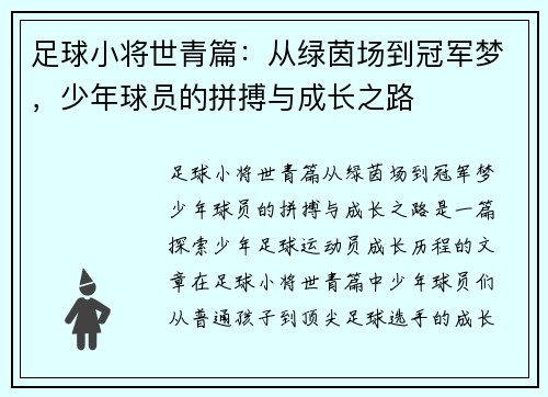 足球小将世青篇：从绿茵场到冠军梦，少年球员的拼搏与成长之路