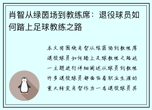 肖智从绿茵场到教练席:退役球员如何踏上足球教练之路 肖智从绿茵场到教练席:退役球员如何踏上足球教练之路